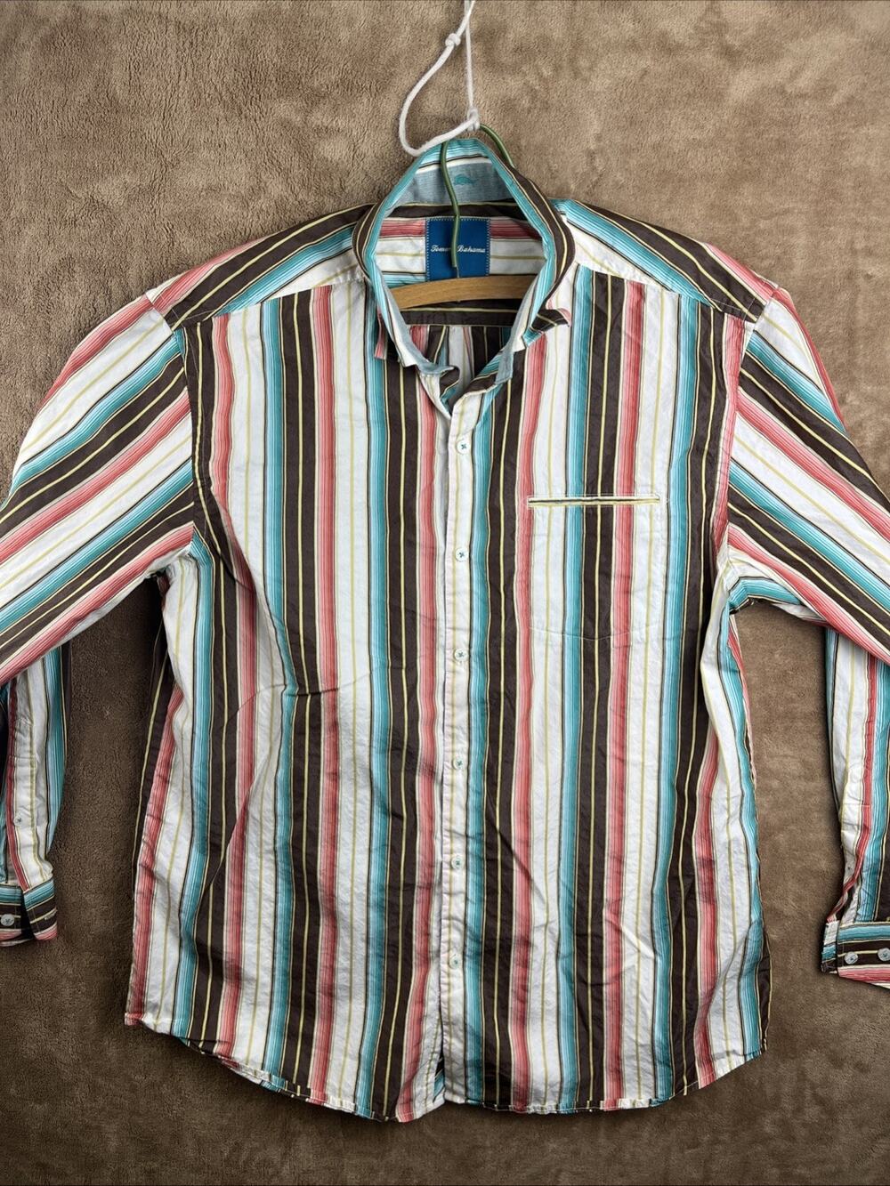 Tommy Bahama Striped Button Down Camp Shirt Silk Cotton Mens L Tropical Island